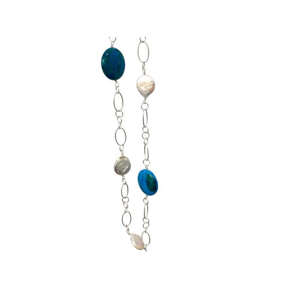 Chrysophase and Freshwater Coin Pearl Necklace
