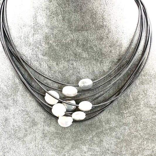 Coin Freshwater Pearl and Leather Necklace