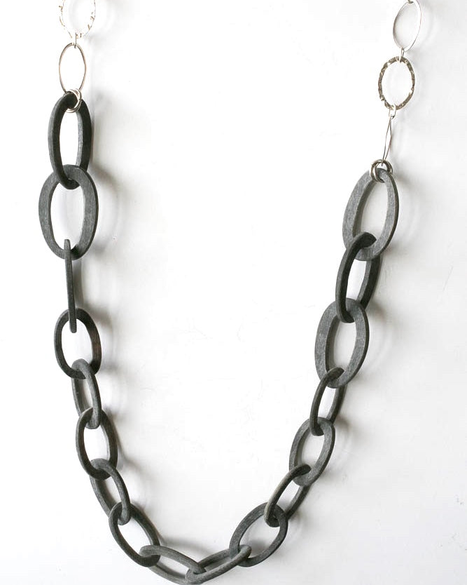 Oval grey horn links with hammered oval sterling silver links necklace by pretaporterjewels.com jewellery that invites compliments.