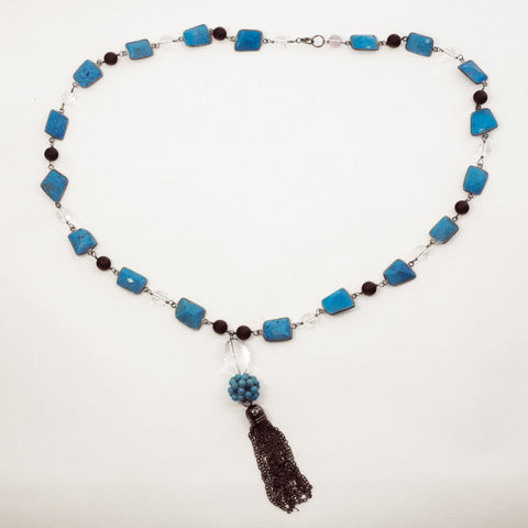 Turquoise, Quartz and Onyx Necklace with Tassel