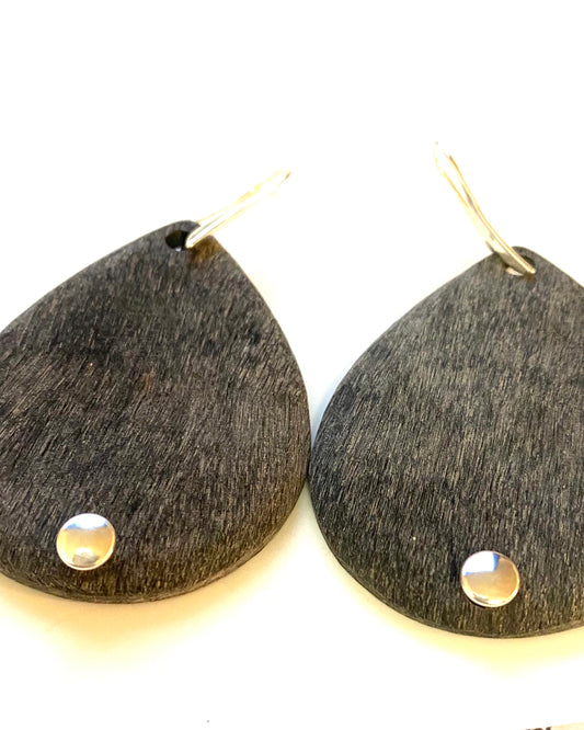 Grey horn pear shaped earrings on sterling silver hook.