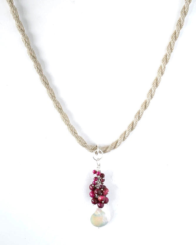Fresh water coin pearl and raspberry jasper pendant on a hand knit sterling silver chain.