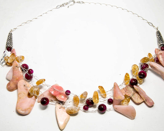 Peruvian Opal, Magenta Agate Citrine Multi-Strand Necklace