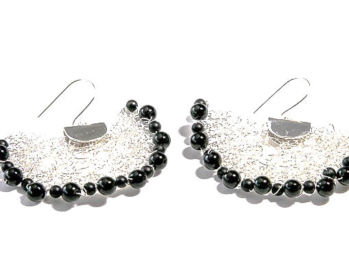 Fine silver fan shaped earrings with onyx.