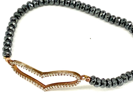 Hematite and Pave Heart Bracelet