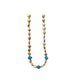 Necklace with alternating champaign coin pearls  and turquoise on a white background