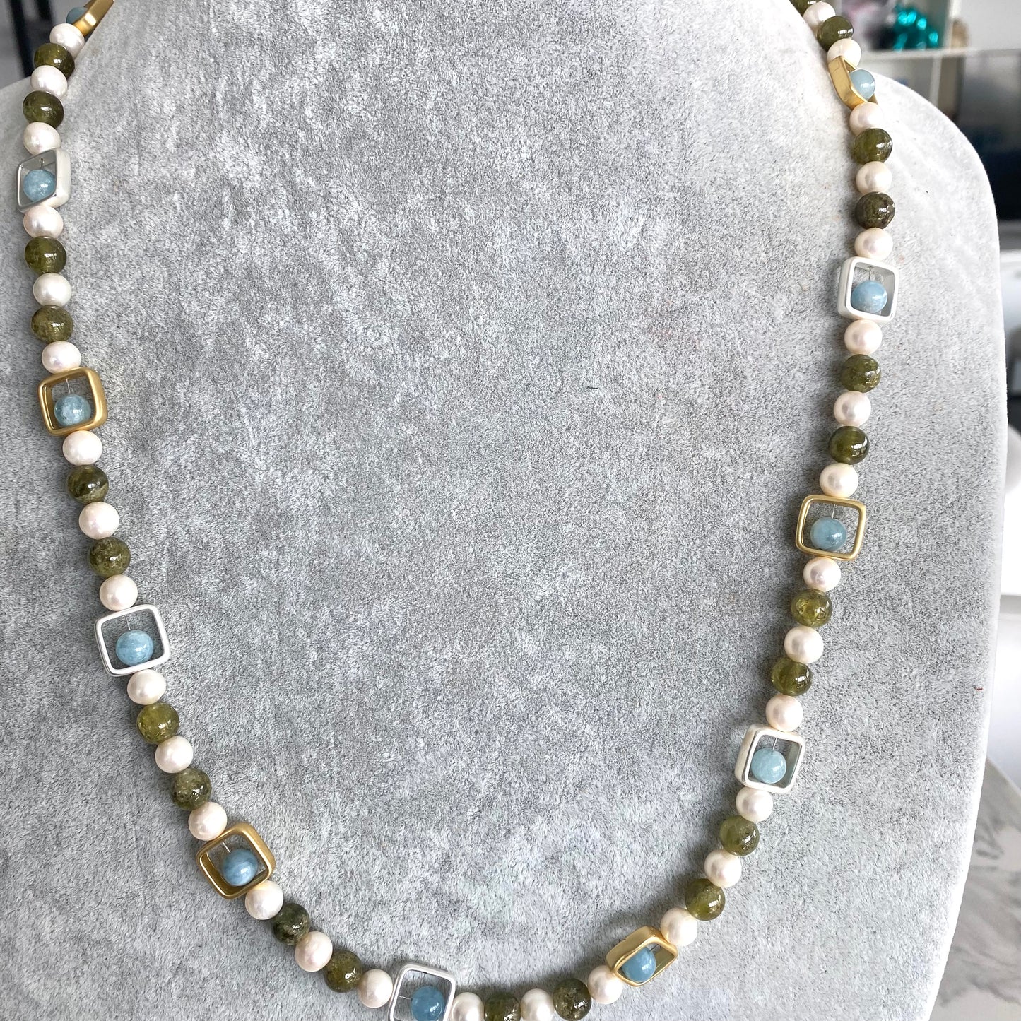 Jade, Aquamarine and Freshwater Pearl Necklace