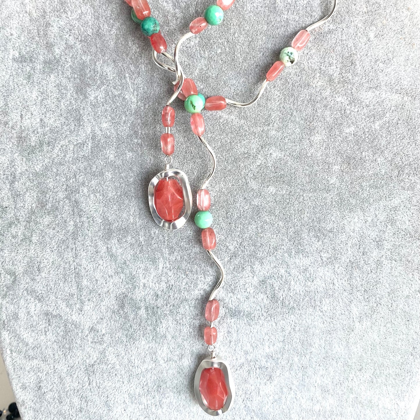 Cherry Quartz and Green Turquoise Lariat