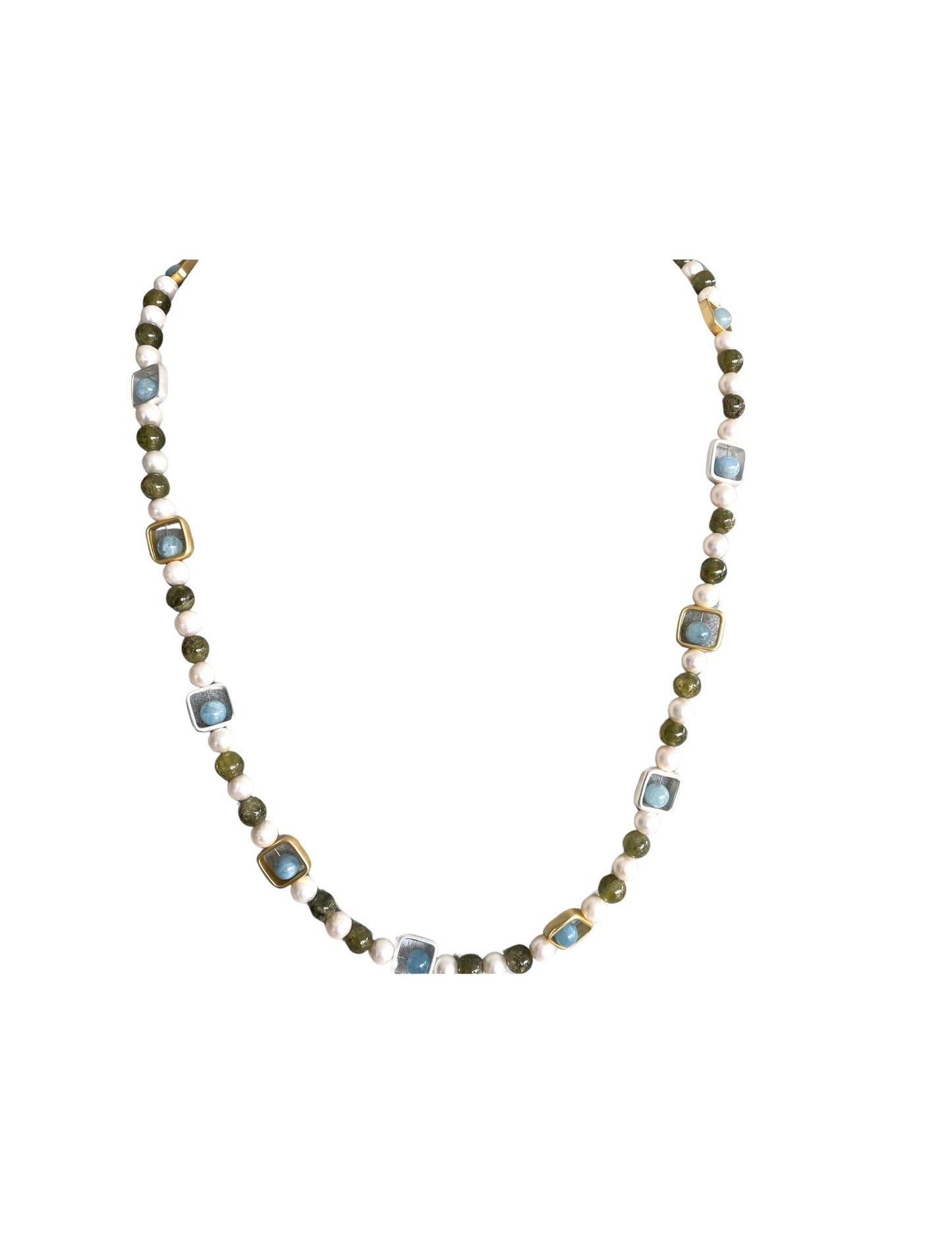 Jade, Aquamarine and Freshwater Pearl Necklace