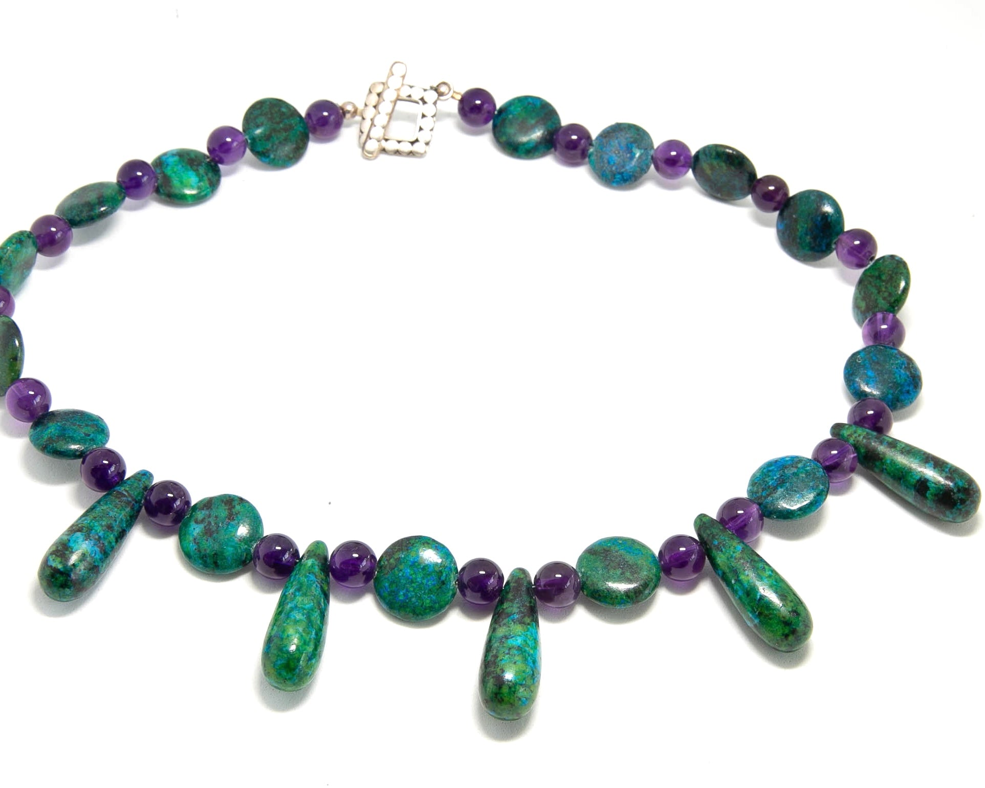 Amethyst and Chrysophase necklace with sterling silver toggle clasp
