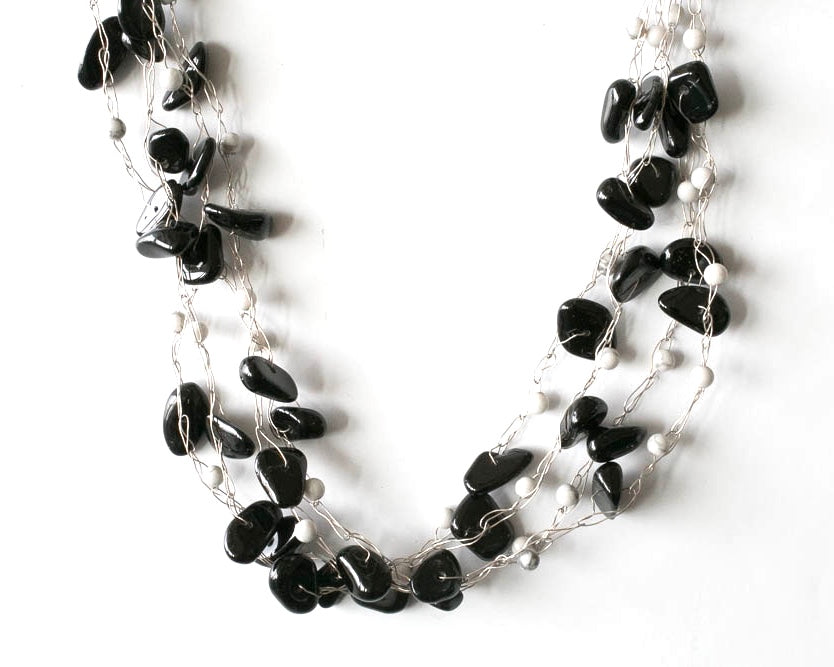 Black and white onyx multi strand necklace on fine silver wire. Jewellery that invites compliments from pretaporterjewels.com