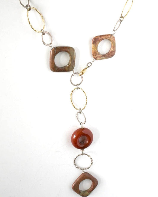 Round carnelian stone paired with Square jasper make this an interesting necklace.