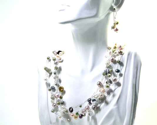 Multi-strand multi-colour freshwater pearl necklace and earrings.