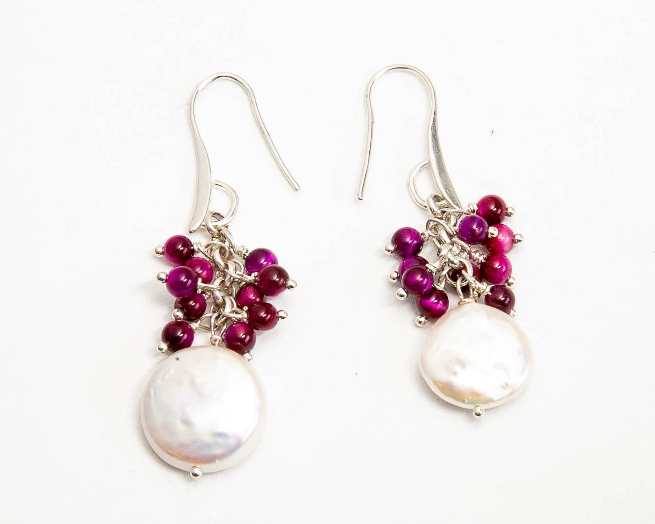 Fresh Water Coin Pearl and Magenta Agate Earrings