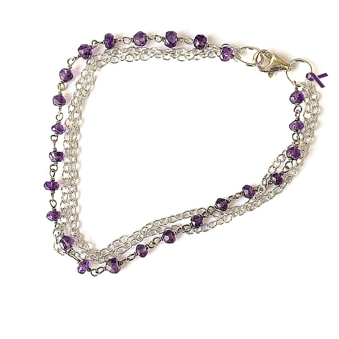 Amethyst and Sterling Silver Chain Bracelet with Purple Ribbon in support of those fleeing Domestic Violence