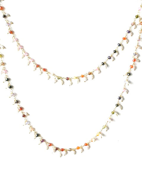 Necklace with assorted natural gemstones and fresh water pearls dangling from Pretaporterjewels.com Jewellery that invites compliments!