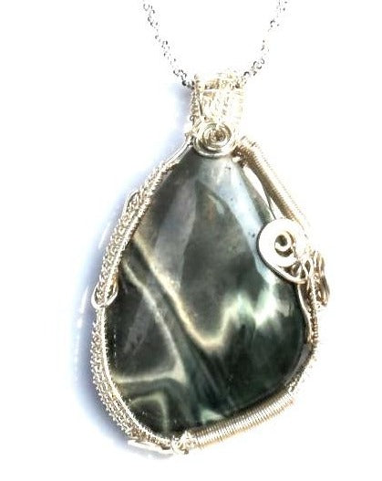 Forest green jasper pendant wrapped in fine silver and sterling silver chain.