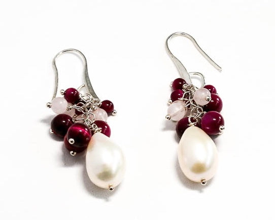 Freshwater Pearl with Magenta Agate and Rose Quartz Earrings