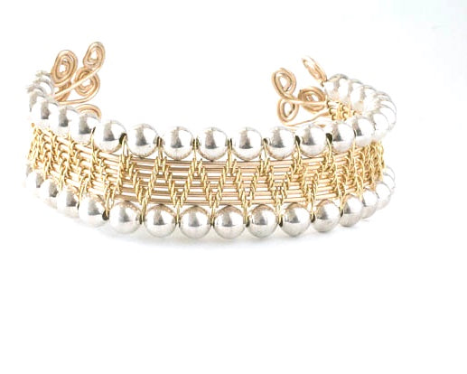 Woven Gold bracelet with Sterling silver frame Open back and fits size 7.5 to 8.5