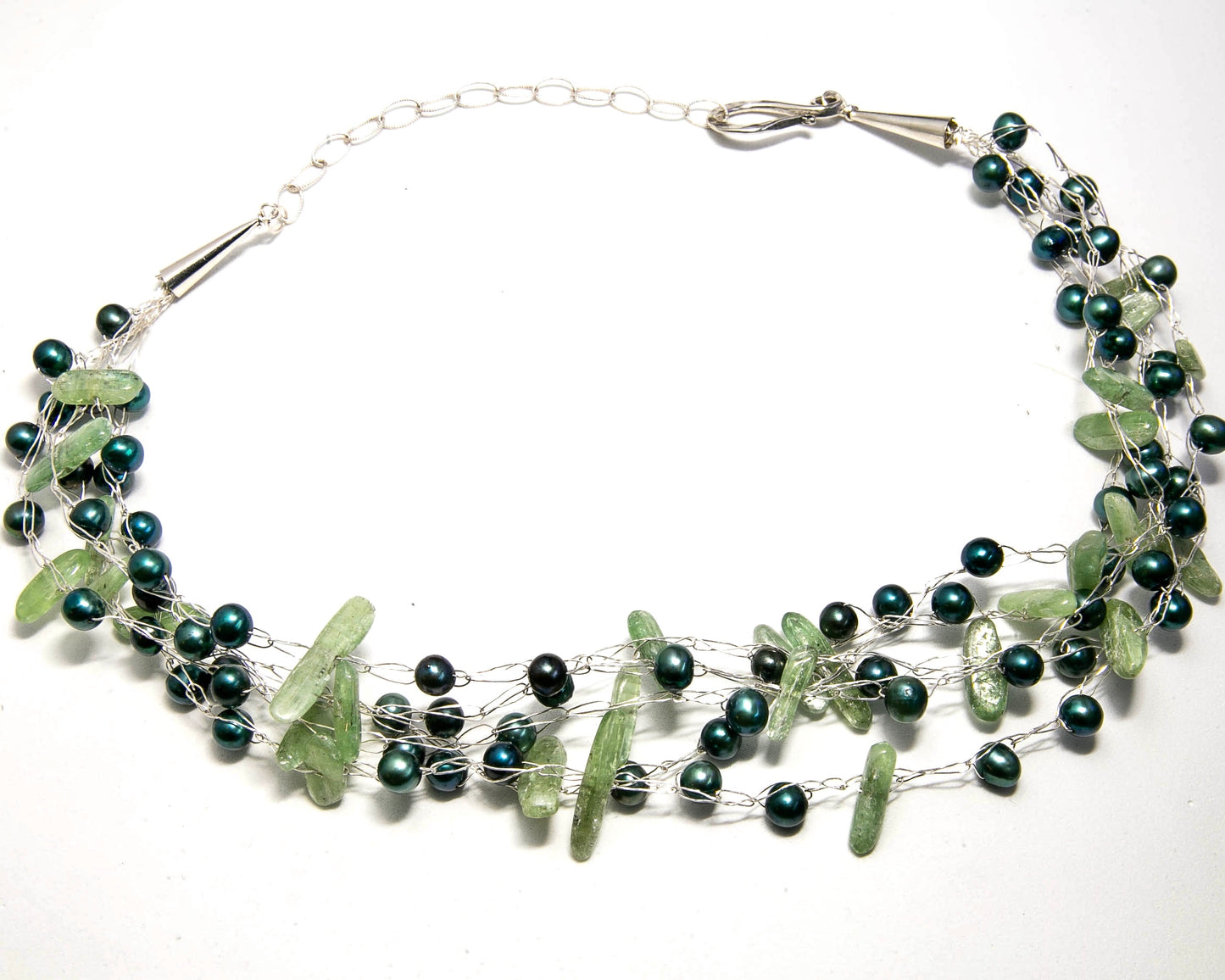 Green Kyanite and Fresh Water Pearl Multi-Strand Necklace