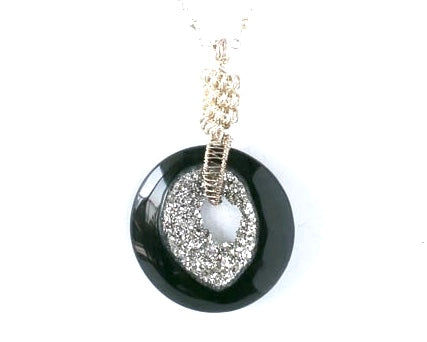 Round black and silver druzy pendant