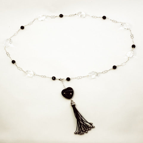 Quartz and Onyx Necklace with Heart Tassel