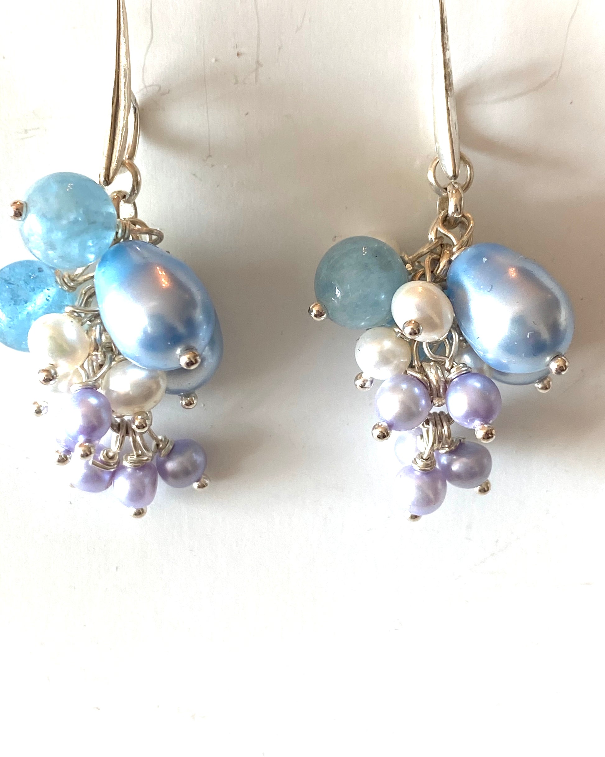 Blue fresh water pearls combined with Blue Swarovski Crystal pearl earrings on Sterling Silver wires
