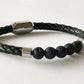 Lava bead and round braided leather bracelet with chrome stainless steel magnetic clasp