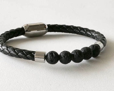 Lava bead and round braided leather bracelet with chrome stainless steel magnetic clasp