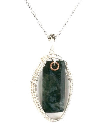 Rectangle Green Jasper Stone framed by a handwoven fine silver frame on a sterling silver chain