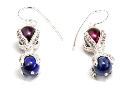 Lapis and Fresh Water Pearl Earrings with Sterling Silver Frame and ear wire.