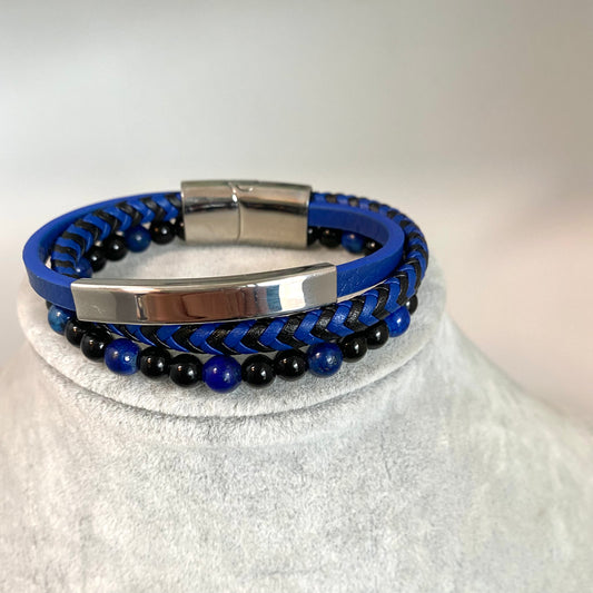 Blue Braided and Beaded Leather Bracelet