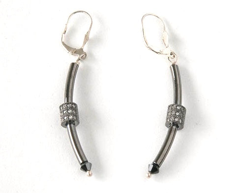 Gun metal curve stick with crystal enhancement on a sterling silver ear wire.