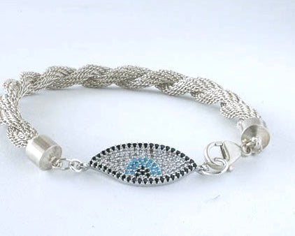 Sterling Silver knitted chain bracelet with evil eye charm and lobster claw closure