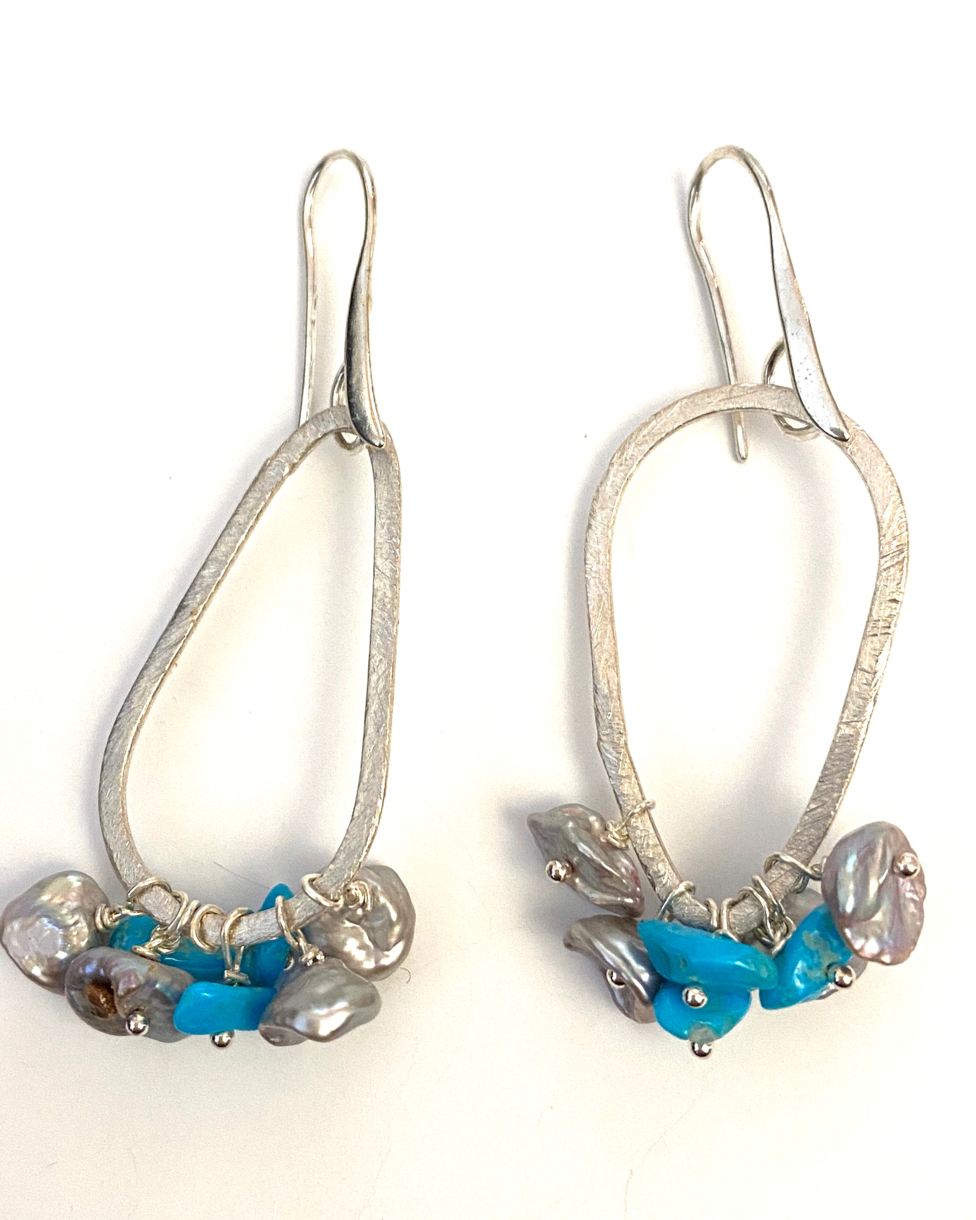 Sterling Silver, Turquoise and Grey Fresh Water Pearl Earrings.
