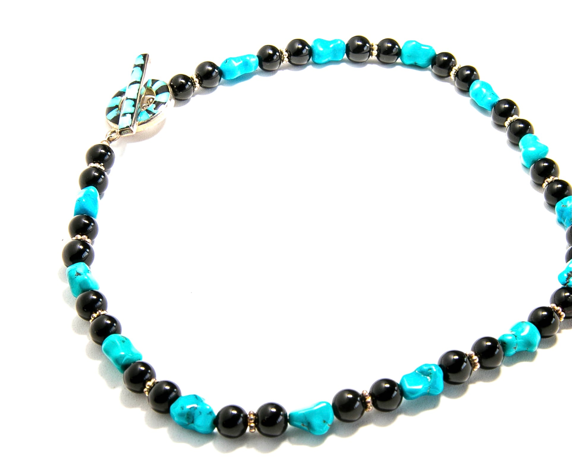 Turquoise and Onyx necklace with inlaid clasp.
