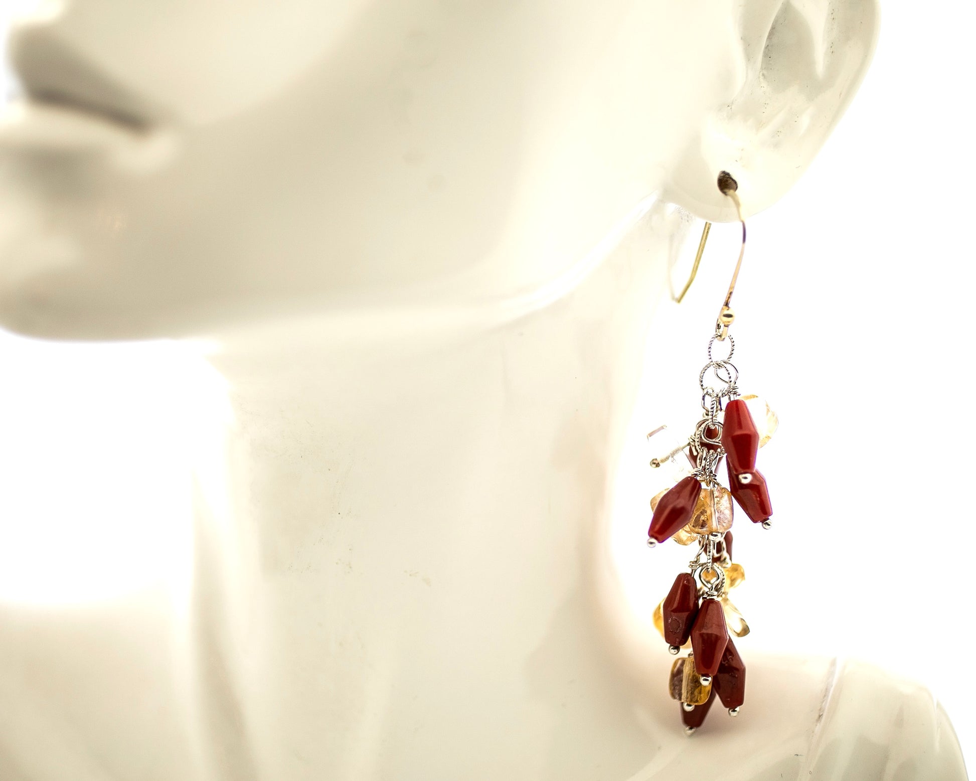 Citrine and red Bamboo Coral drop cluster earrings, 2 inches long