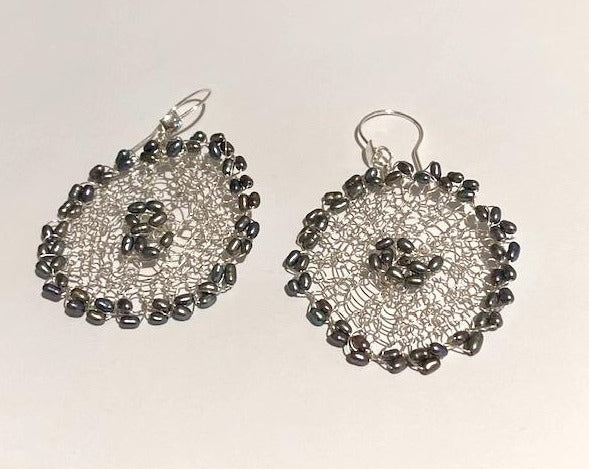 Fine silver round earrings with fresh water pearl accents