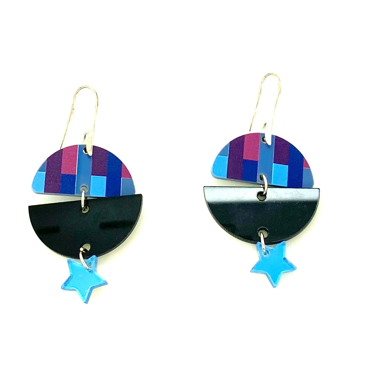 Blue stripe and black half moons matched to make circle earrings with blue star drop.