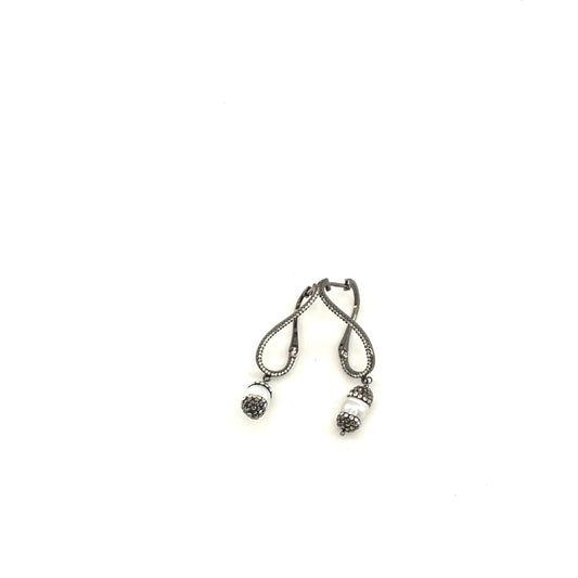 Twisted hoop black earrings with marcasite pearl dangling